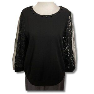 EMILY JOHN Black scoop neck shirt with mesh and lace sleeves ~ MEDIUM LARGE top